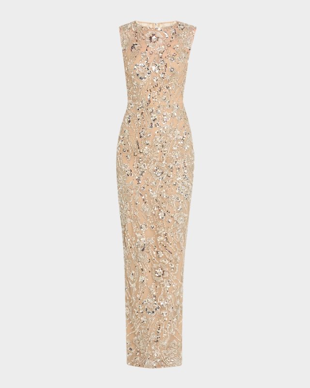 Violet Bead & Sequin Floral-Embroidered Gown